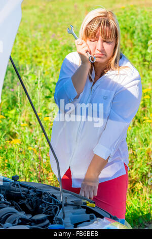 Vertical portrait of a woman repairing a car Stock Photo