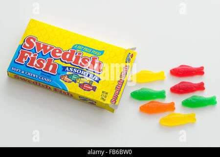 A box of Swedish Fish, a fish-shaped chewy candy originally developed by Swedish candy producer Malaco. Stock Photo