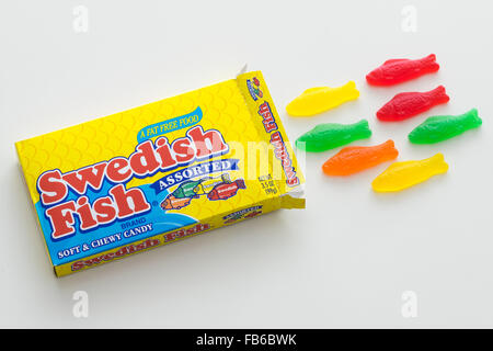 A box of Swedish Fish, a fish-shaped chewy candy originally developed by Swedish candy producer Malaco. Stock Photo