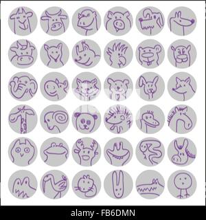Vector set avatars of hand drawn funny doodle animals, sketch style. Stock Vector