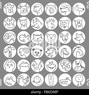 Vector set avatars of hand drawn funny doodle animals, sketch style. Stock Vector