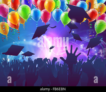 Graduation convocation crowd concept of student hands in silhouette throwing their mortar board caps celebrating with abstract b Stock Photo