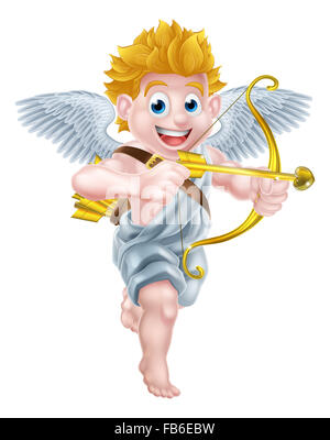 Cartoon valentines day cupid character aiming his golden bow and heart arrow Stock Photo