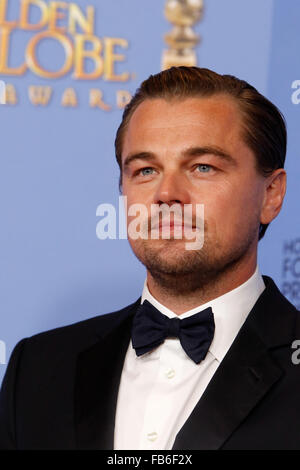 Beverly Hills, California, USA. 10th Jan, 2016. US actor Leonardo DiCaprio poses in the press room of the 73rd Annual Golden Globe Awards, Golden Globes, at Hotel Beverly Hilton in Beverly Hills, Los Angeles, USA, on 10 January 2016. Photo: Hubert Boesl/dpa - NO WIRE SERVICE - Stock Photo
