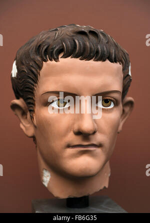 Caligua (Gaius Julius Caesar Augustus Germanicus). (12-41 AD). 3rd roman emperor. Julio-Claudian dynasty. Portrait head for Caligula. Modern reconstruction. Ny Carlsberg Glyptotek. Copenhagen, Denmark. Stock Photo