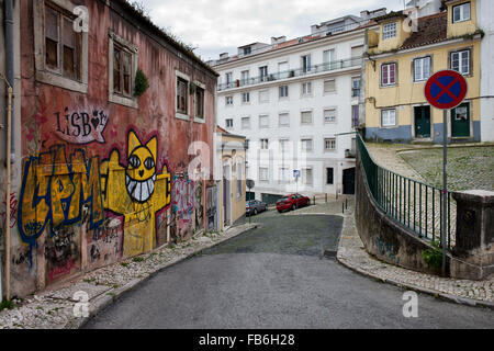 Portugal, city of Lisbon, shabby, old, weathered, abandoned building with graffiti, urban exploration Stock Photo