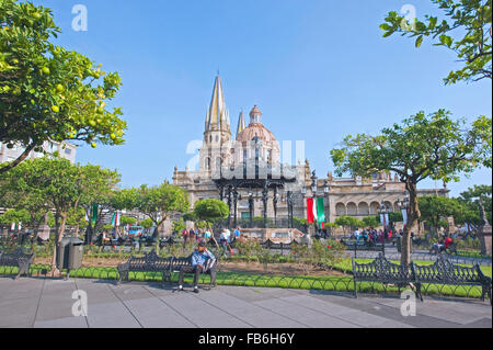 The Plaza de Armas with the cathedral in the background in Guadalajara, Mexico Stock Photo