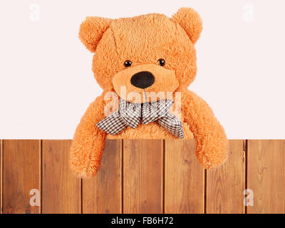 fluffy plush teddy bear over wooden fence, studio shot Stock Photo