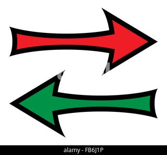 A pair of directional arrows for left and right over a white background one with red inset and the other with green Stock Vector
