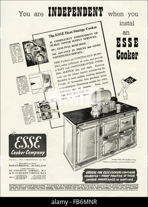 Original vintage advert from 1930s. Advertisement from October 1939, at the start of World War II, advertising Esse Cooker. Stock Photo