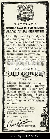 Original vintage advert from 1930s. Advertisement from October 1939, at the start of World War II, advertising Rattray's hand-made cigarettes of Perth Scotland. Stock Photo