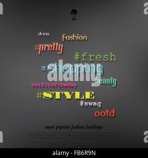 set of most popular fashion hashtags over dark background. social media promotion symbol. vector trendy lettering Stock Vector