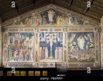 Florence. Italy. The Crucifixion, fresco, (ca. 1360) by Taddeo Gaddi, fresco in the Sacristy, Basilica of Santa Croce. Stock Photo