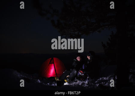 9 & 10 March 2015 Winter camping and telemark skiing in Sierra de la Demanda, La Rioja, Spain. Photo by James Sturcke Stock Photo