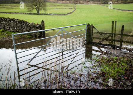 A flooded field after excessive and persistent rain, Hassop, Derbyshire, Peak District National Park, England, UK. January 2016 Stock Photo