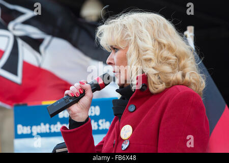 A 'German Woman' speaks at the Pegida manifestation. Stock Photo