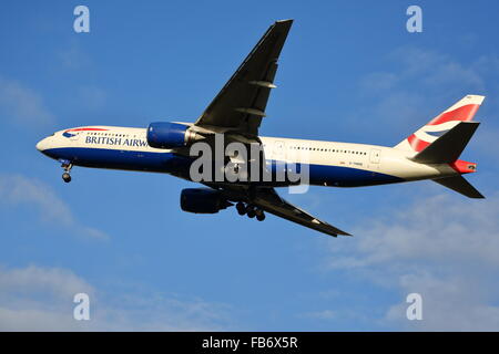 British Airways Boeing 777-200(ER) G-YMMB landing at Heathrow Airport, London Stock Photo