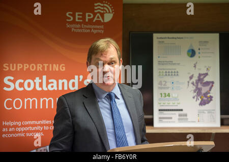 Selkirk, UK. 11th January, 2016.   First ever national flood plan for Scotland  SEPA Chief Executive, Terry A'Hearn at the Flood risk management strategy launch. Environment Minister Dr Aileen McLeod today visited Selkirk Flood Protection Scheme (11 January, 2016) to launch the national flood risk management plan for Scotland. Dr McLeod met with representatives from SEPA and the local council to discuss partnership working to prevent flooding in local areas.  Credit:  Rob Gray/Alamy Live News Stock Photo