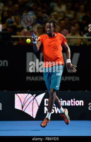 Sydney, Australia. 11th January, 2016. Gael Monfils (FRA) in action against Nick Kyrgios (AUS) during the FAST4 tennis exhbition matches at Allphones Arena. Credit:  Action Plus Sports Images/Alamy Live News Stock Photo