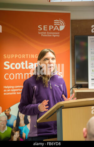 Selkirk, UK. 11th January, 2016.   First ever national flood plan for Scotland  Flood risk management strategy launch, Environment Minister Dr Aileen McLeod today visited Selkirk Flood Protection Scheme (11 January, 2016) to launch the national flood risk management plan for Scotland. Dr McLeod met with representatives from SEPA and the local council to discuss partnership working to prevent flooding in local areas.  Credit:  Rob Gray/Alamy Live News Stock Photo