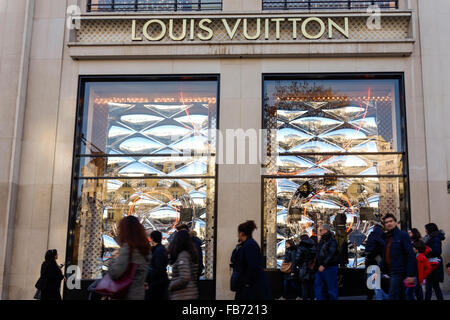 The Louis Vuitton flagship retail store on the Champs Elysees in Paris ...