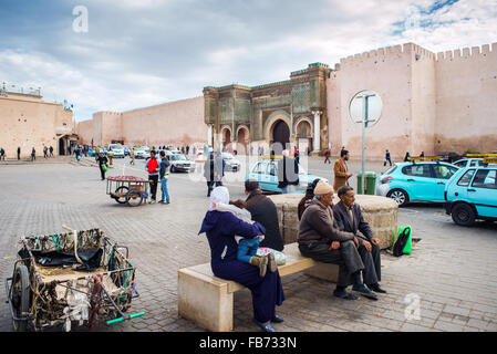 People front of The Bab el Mansour in medina of Meknes. Morocco Stock Photo