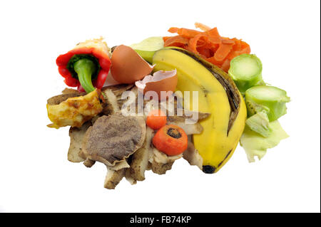 Household food waste materials comprising fruit, vegetable peelings and egg shells for composting. Stock Photo