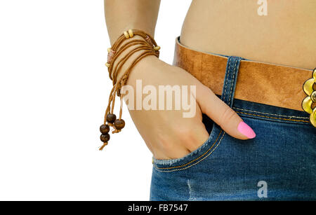 hand with a bracelet in a pocket of jeans Stock Photo