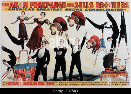 The Adam Forepaugh and Sells Brothers America's Greatest Shows Consolidated, The Great Livingstone, Davene and De Mora Troupe of Champion Acrobats, Posturers and Hand Balancers, Circus Poster, circa 1900 Stock Photo