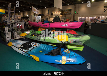 London, UK. 11th January, 2016. Kayaks for sale at the 62nd annual London Boat Show which continues at ExCel. Credit:  Keith Larby/Alamy Live News Stock Photo