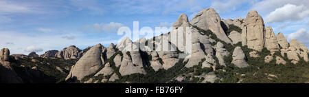 Panoramic view of the Montserrat mountain, near Barcelona, Catalonia, Spain. In the middle the 'Elephant Rock'. Stock Photo