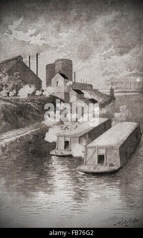 Striking workers fire on private security agents' barges during The Homestead Strike, aka the Homestead Steel Strike or Homestead Massacre, Homestead, Pittsburgh, Pennsylvania, United States of America, July 6, 1892. Stock Photo