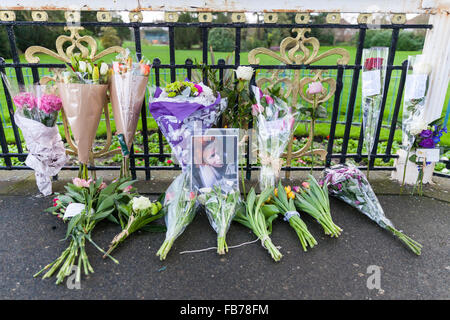 Beckenham, South London, 11th January 2016. Tribute messages  and flowers at the Bandstand at Beckenham Recreation Ground where, in August1969, Bowie founded the 'free festival' and played many tunes which would appear on his Space Oddity album. Musician David Bowie died on 10th January, aged 69. Credit:  Imageplotter News and Sports/Alamy Live News