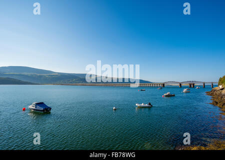 A view across the estuary to Barmouth Viaduct barmouth gwynedd Wales UK Stock Photo