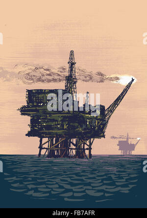 Illustrative image of oil rig drilling in middle of ocean Stock Photo