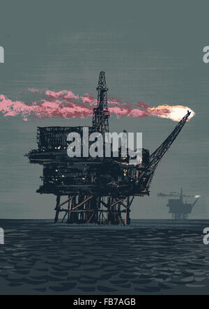 Illustrative image of oil rig drilling in sea Stock Photo