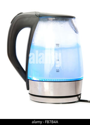 glass electric kettle with boiling water, isolated on white Stock Photo