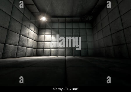 A dark dirty white padded cell in a mental hospital with a corner lit by a single spotlight
