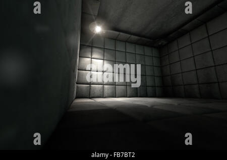 A dark dirty white padded cell in a mental hospital with a corner lit by a single spotlight