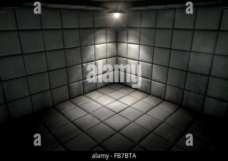 A dark dirty white padded cell in a mental hospital with a corner lit by a single spotlight