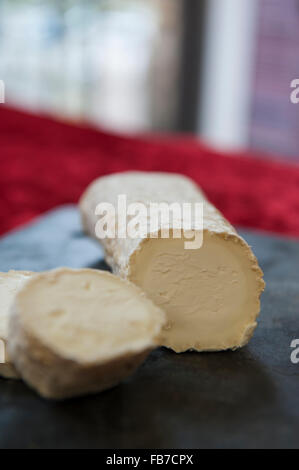 Matured goats cheese log with a creamy-white mould rind. Ragstone by Neil's Yard Stock Photo