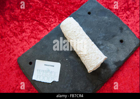 Matured goats cheese log with a creamy-white mould rind. Ragstone by Neil's Yard Stock Photo