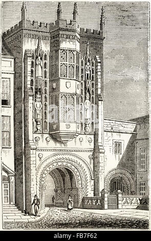 Abbey Gatehouse, Bristol. Victorian woodcut engraving circa 1845. Stock Photo