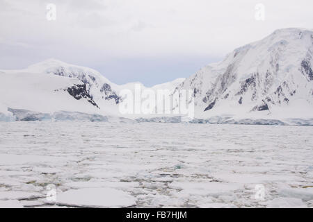 Coastline of Antarctic Peninsula with glacier packed with field of floating ice. Stock Photo