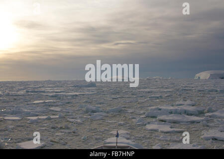Sun setting over ice field near Lemaire Channel in Antarctica. Stock Photo