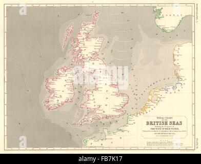 BRITISH ISLES: Tidal chart. High water. Sea depth. Atlantic North Sea, 1850 map Stock Photo