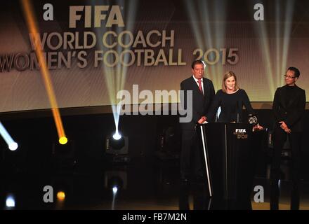 Zurich, Switzerland. 11th Jan, 2016. JILL ELLIS (USA) poses with the trophy of 2015 FIFA World Coach of the Year for Women s Football during the FIFA World Player Gala in Zurich. Credit:  Marcio Machado/ZUMA Wire/Alamy Live News Stock Photo