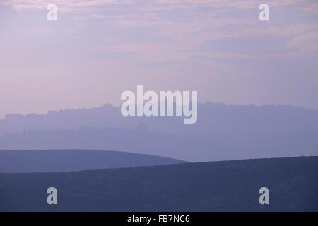 ISRAEL, West Bank. 11th  January, 2016. Distance view of the northern suburbs of Jerusalem from Ma'ale Mikhmas which is an Israeli settlement few miles near Jerusalem in the northern West Bank Israel on 11 January 2016  The international community considers Israeli settlements in the West Bank illegal under international law, but the Israeli government disputes this. Credit:  Eddie Gerald/Alamy Live News Stock Photo