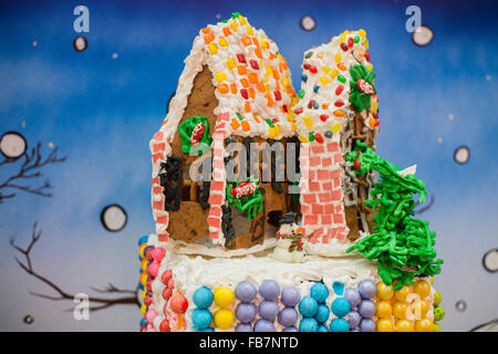 New York, USA. 10th January, 2016. The last day of the Gingerbread Line's exhibition made by chief Jon Lovich at Queens Corona City Hall.  This is the world bigger Gingerbread House, confirmed by Guinness World Records Book. This is 3d GingerBread Line's exhibition created in partnership with the Hall of Science in Queens, NYC. Credit:  Alex Potemkin/Alamy Live News Stock Photo