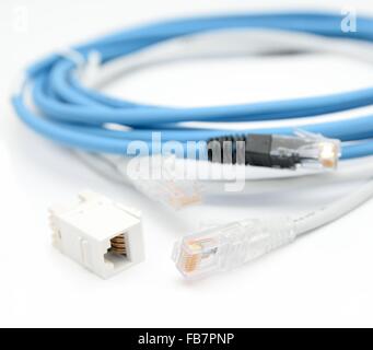 Blue and gray ethernet Cat5e cables with RJ45 cable extender on a white background. Stock Photo